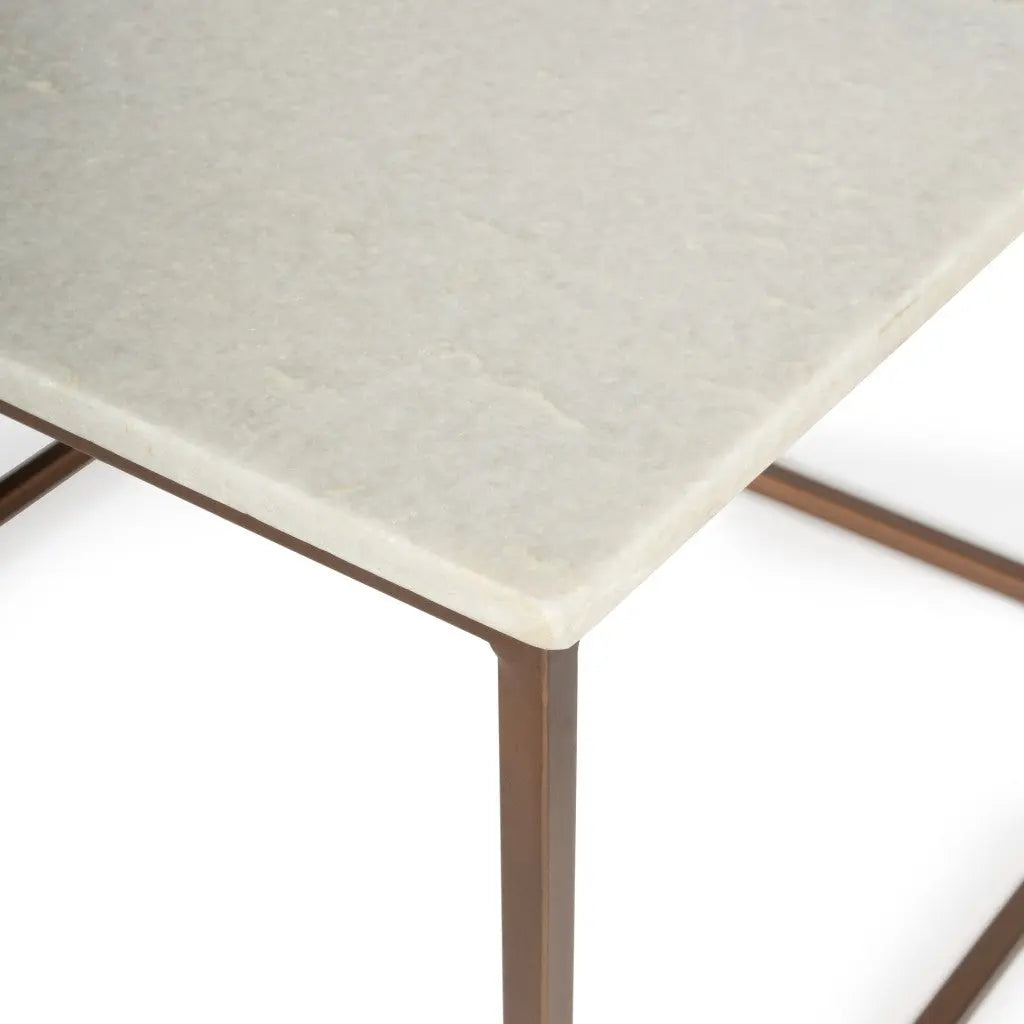 24" White and Copper Genuine Marble and Metal Square Coffee Table Homeroots Living Room