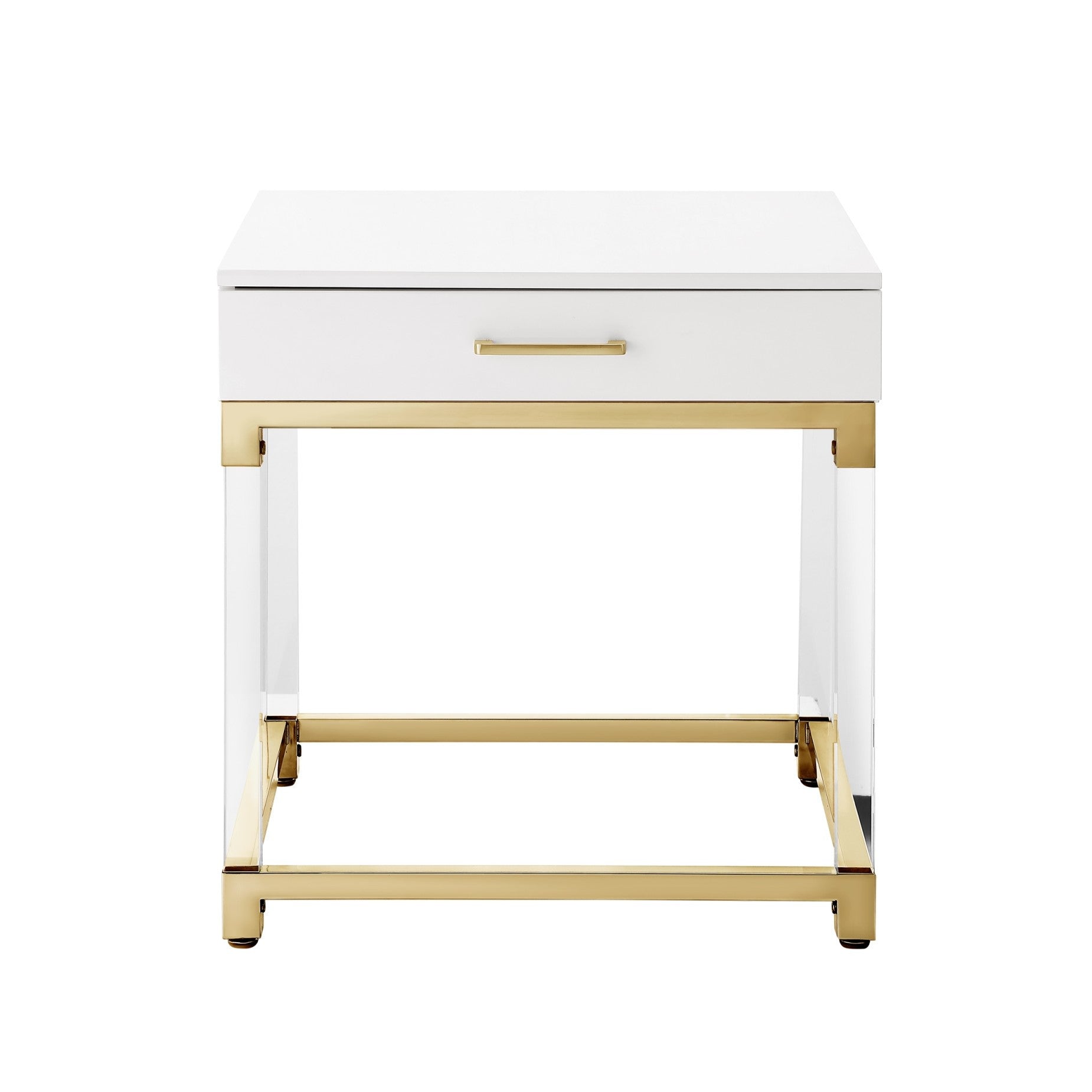 24" White and Gold Wood Acrylic and Stainless Steel Square End Table With Drawer Homeroots Living Room