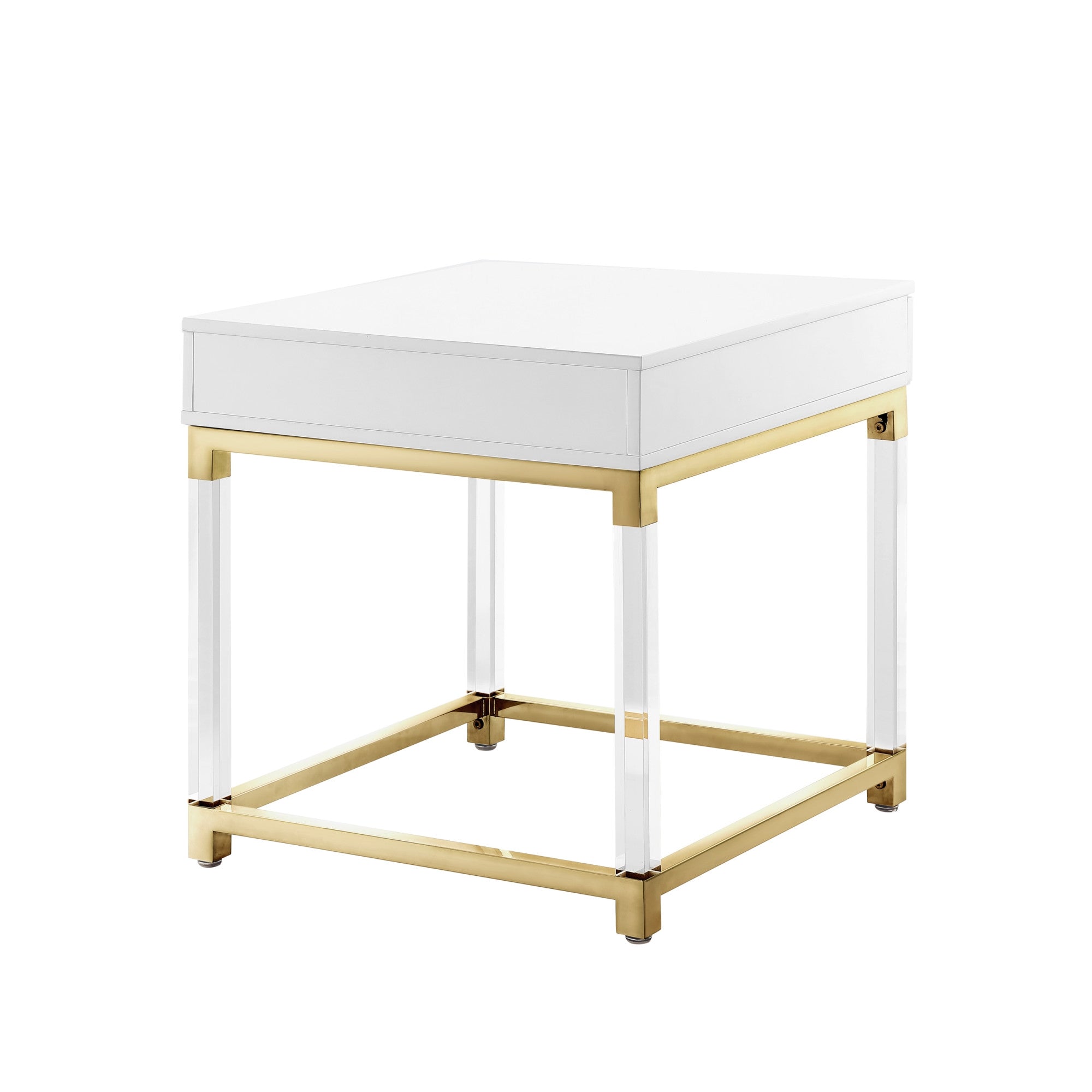 24" White and Gold Wood Acrylic and Stainless Steel Square End Table With Drawer Homeroots Living Room