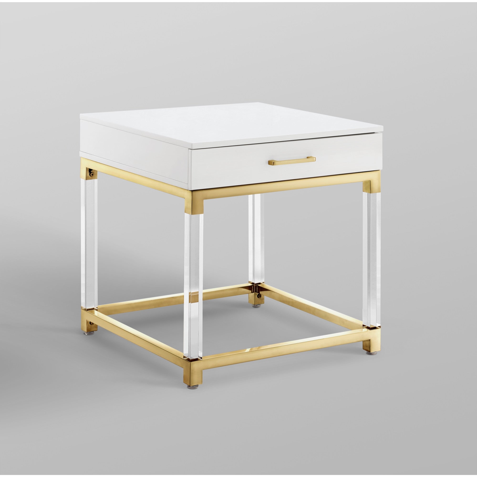 24" White and Gold Wood Acrylic and Stainless Steel Square End Table With Drawer Homeroots Living Room