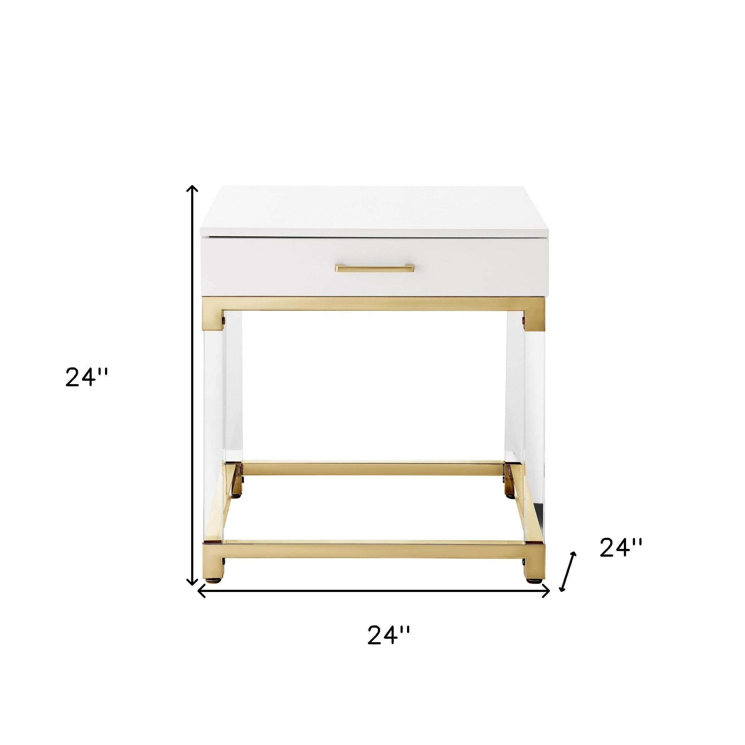 24" White and Gold Wood Acrylic and Stainless Steel Square End Table With Drawer Homeroots Living Room