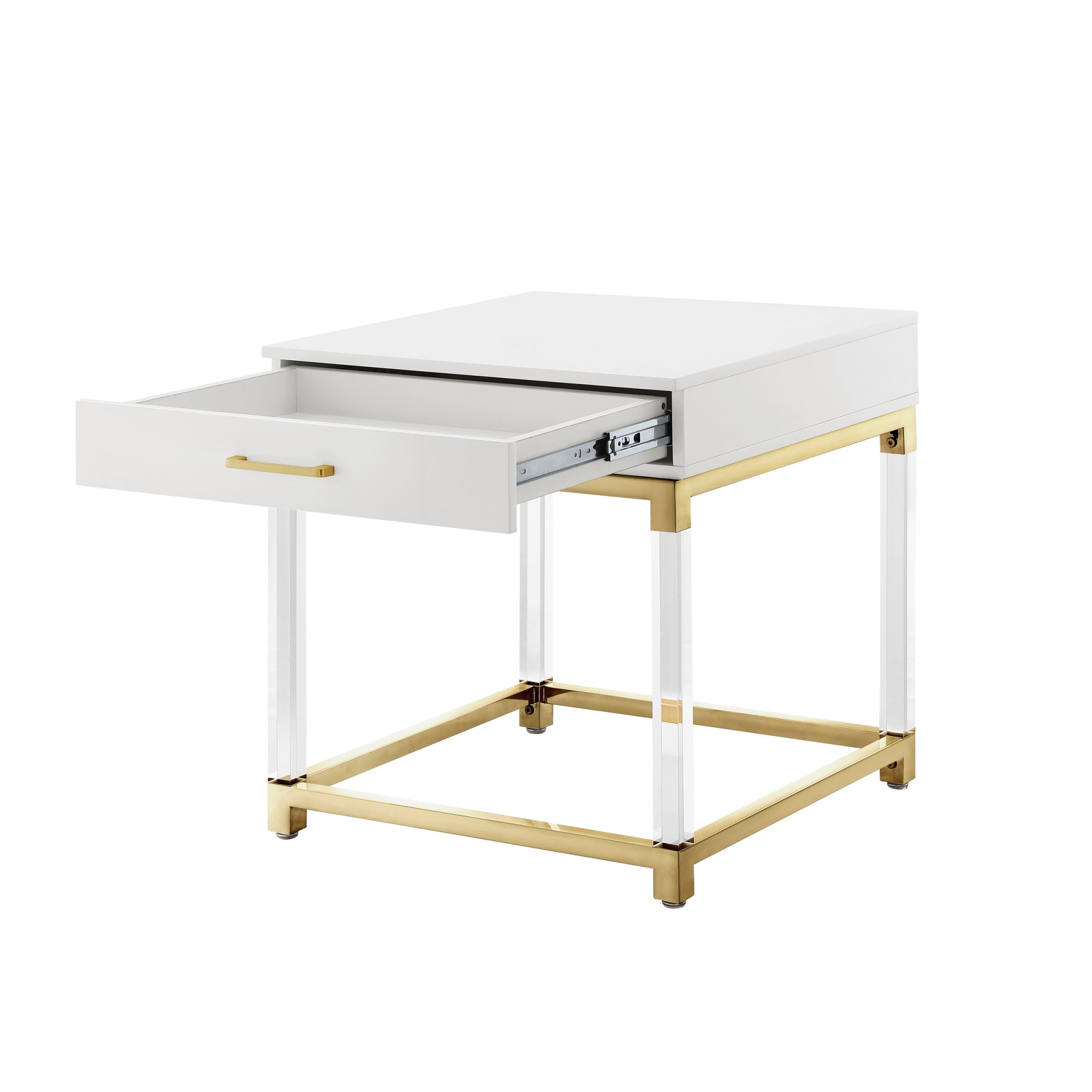 24" White and Gold Wood Acrylic and Stainless Steel Square End Table With Drawer Homeroots Living Room