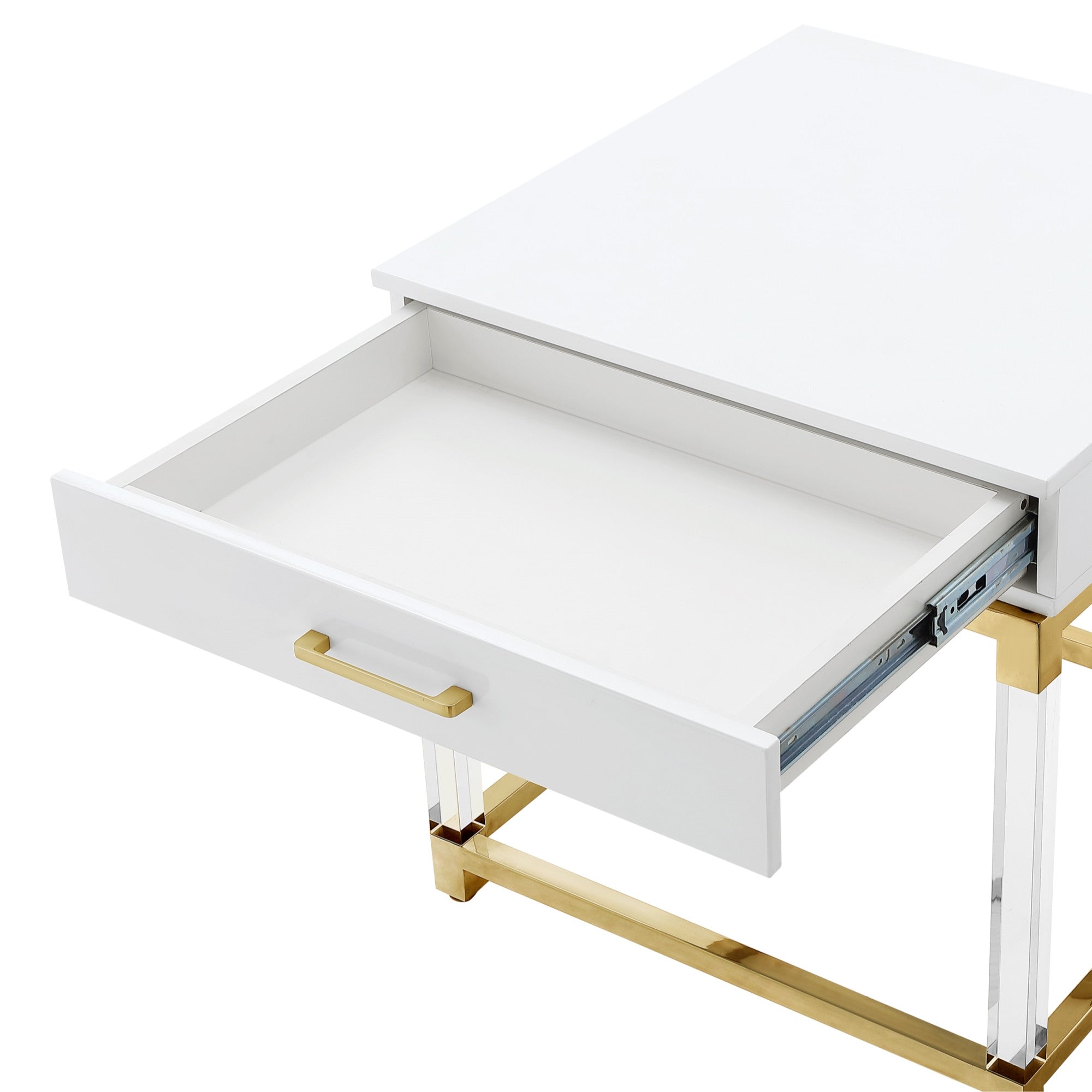 24" White and Gold Wood Acrylic and Stainless Steel Square End Table With Drawer Homeroots Living Room