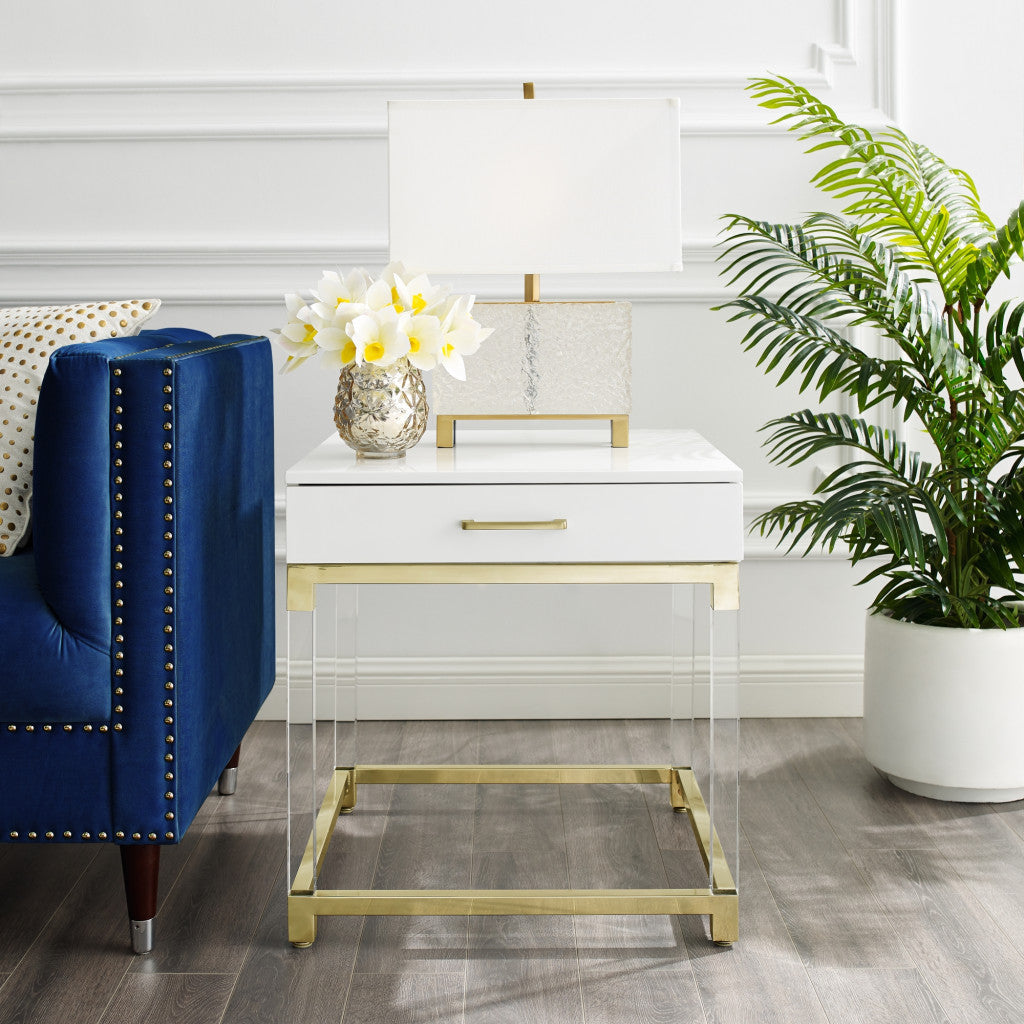 24" White and Gold Wood Acrylic and Stainless Steel Square End Table With Drawer Homeroots Living Room