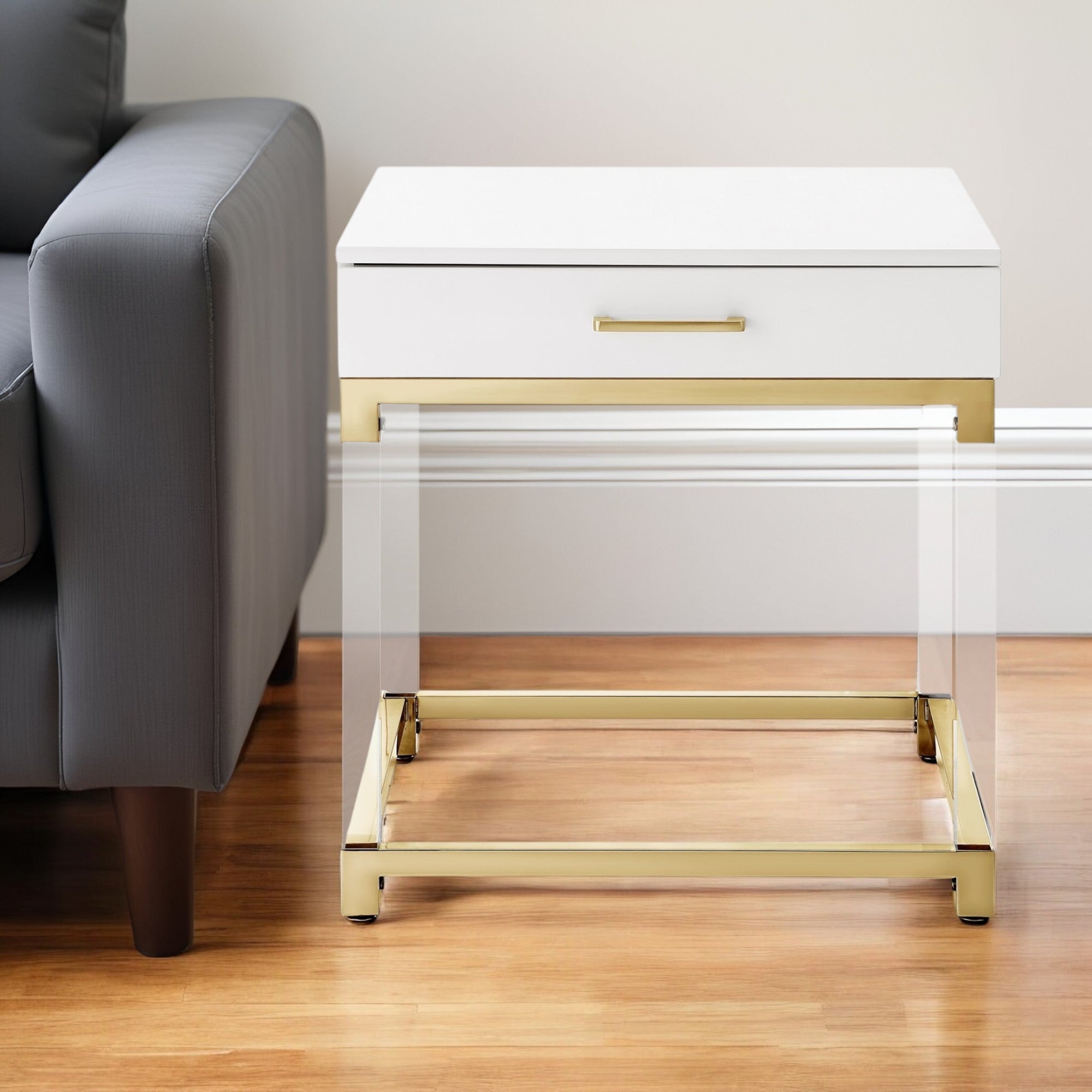 24" White and Gold Wood Acrylic and Stainless Steel Square End Table With Drawer Homeroots Living Room