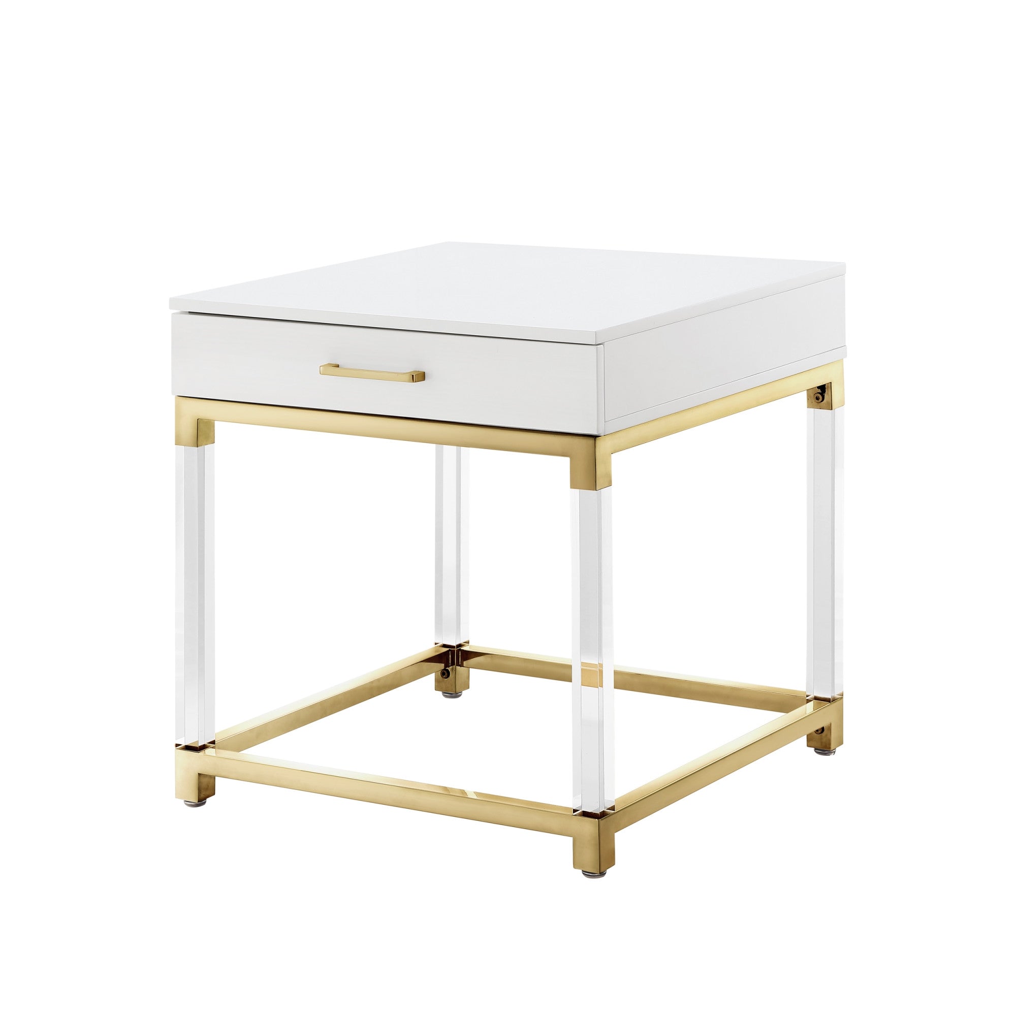 24" White and Gold Wood Acrylic and Stainless Steel Square End Table With Drawer Homeroots Living Room