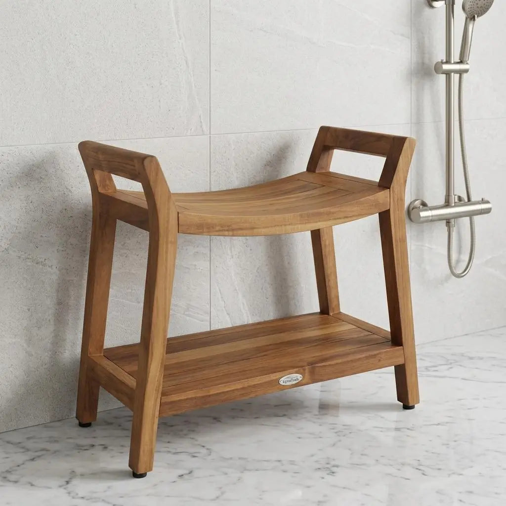 24" X 26" Brown Teak Rectangular Shower Bench With Shelf Homeroots Bed & Bath