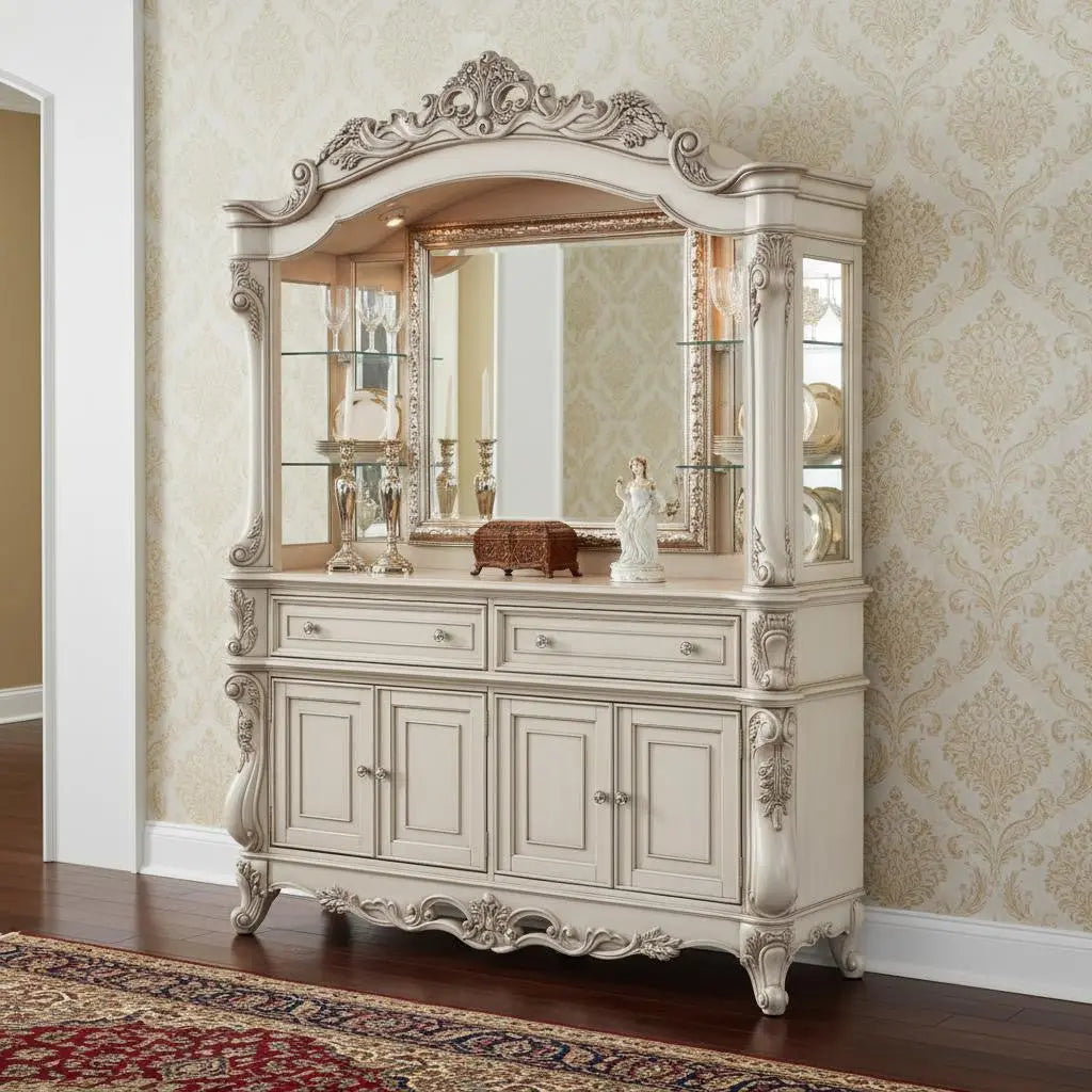 24" X 75" X 106" Antique White Wood Glass Mirror Hutch  Buffet Homeroots Kitchen & Dining