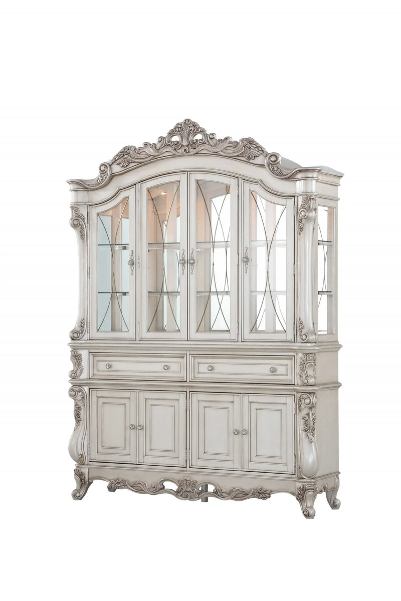 24" X 75" X 106" Antique White Wood Glass Mirror Hutch  Buffet Homeroots Kitchen & Dining