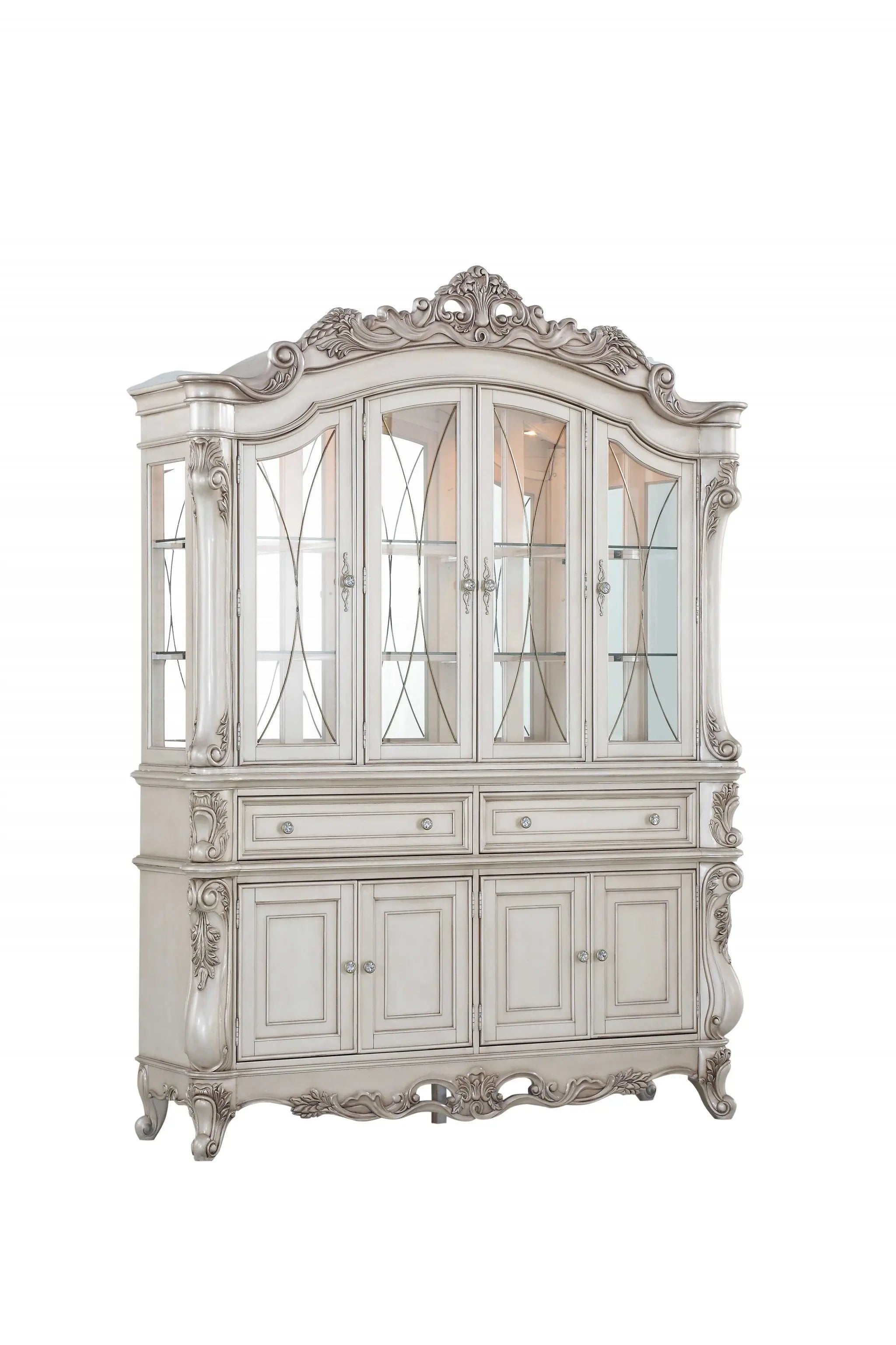 24" X 75" X 106" Antique White Wood Glass Mirror Hutch  Buffet Homeroots Kitchen & Dining