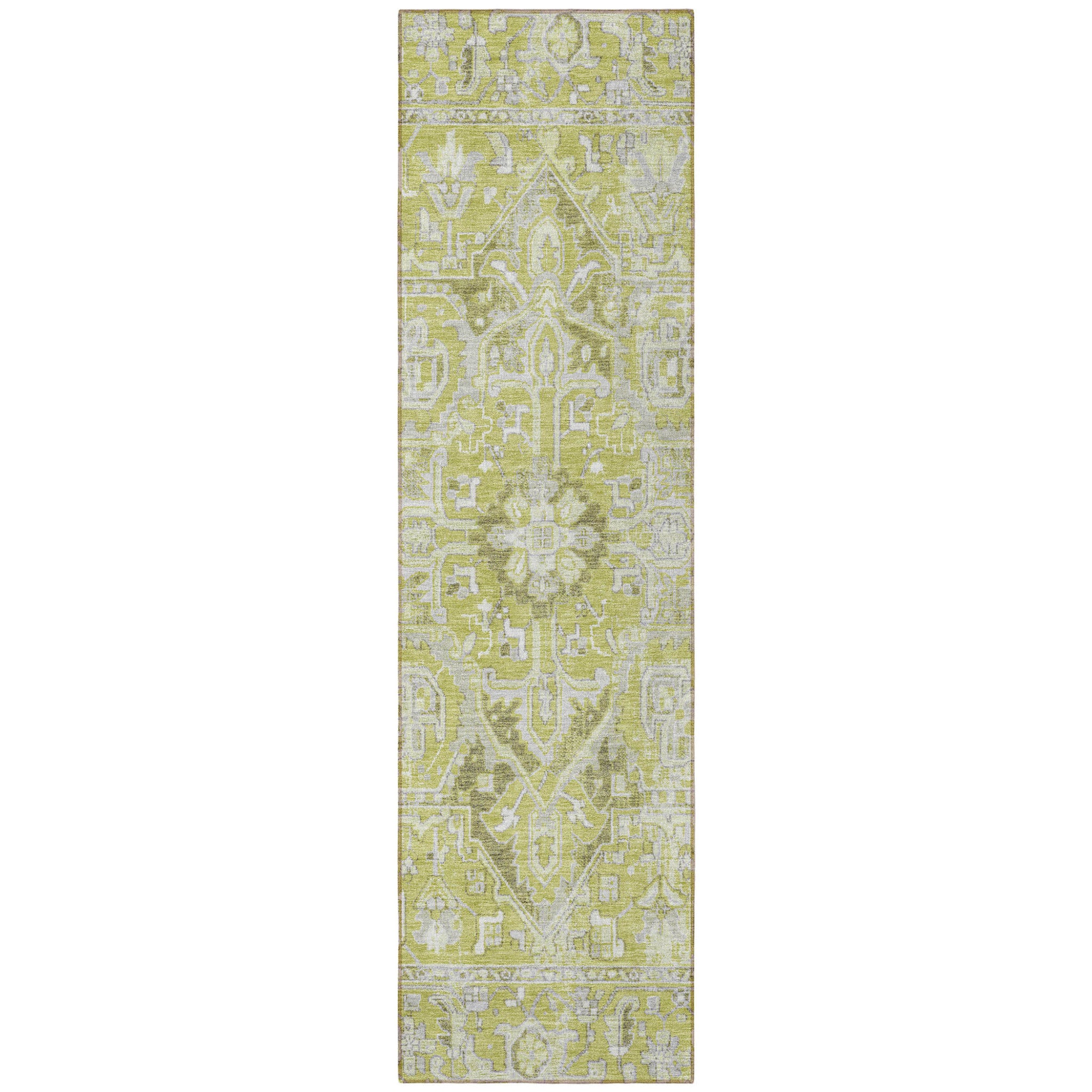 8' Runner Artichoke Green Oriental Washable Non Skid Indoor Outdoor Runner Rug - GreatEagleInc