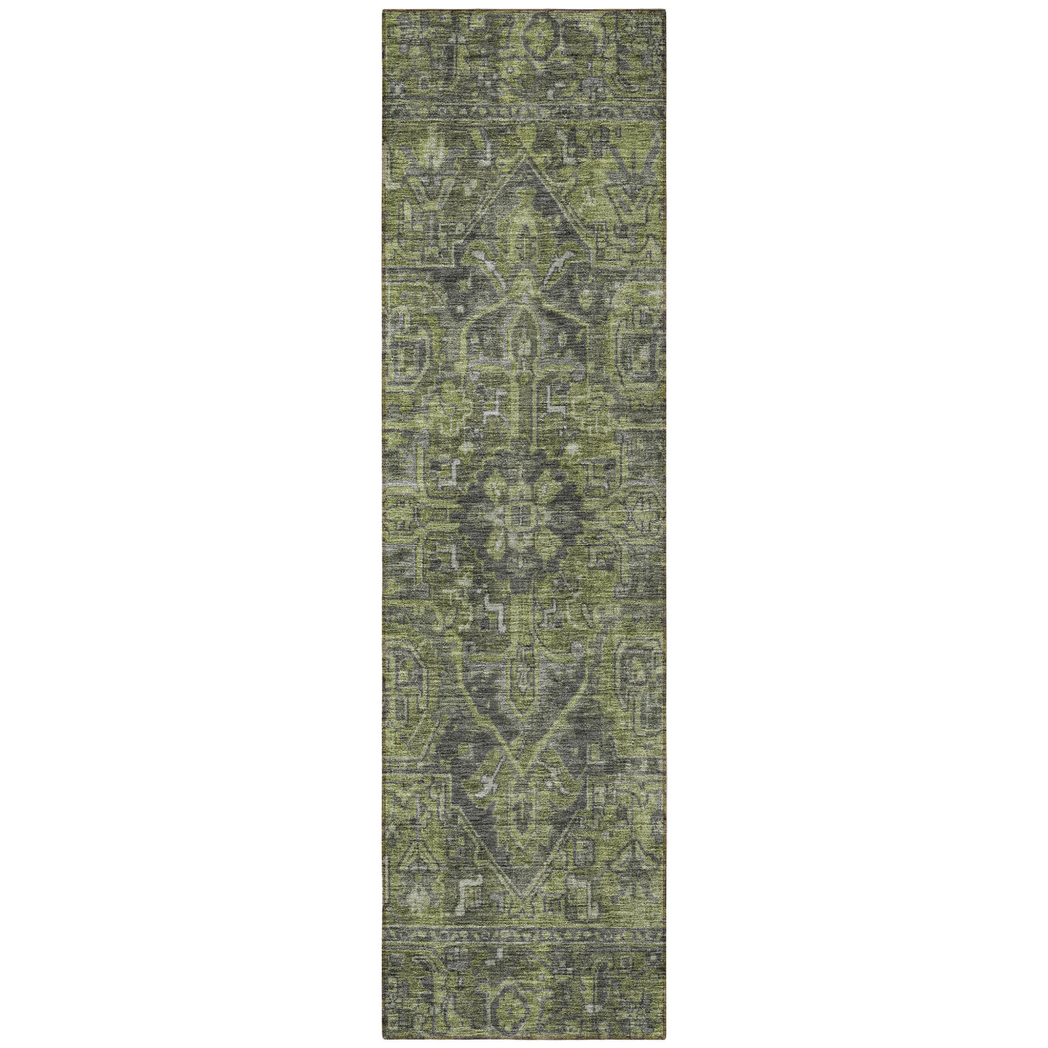 8' Runner Moss Green and Gray Oriental Washable Non Skid Indoor Outdoor Runner Rug - GreatEagleInc