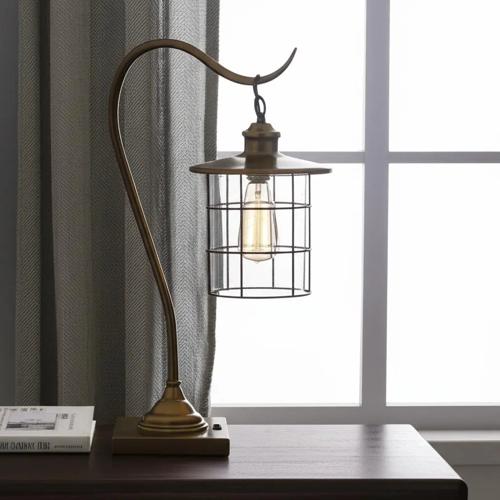 25" Antiqued Brass Metal Lantern Desk Lamp With Antiqued Brass Drum Shade - GreatEagleInc