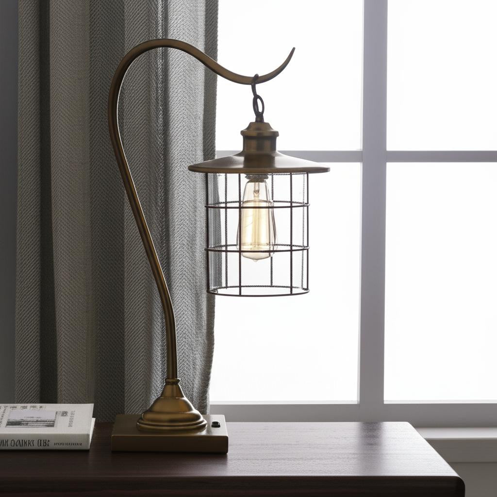25" Antiqued Brass Metal Lantern Desk Lamp With Antiqued Brass Drum Shade - GreatEagleInc