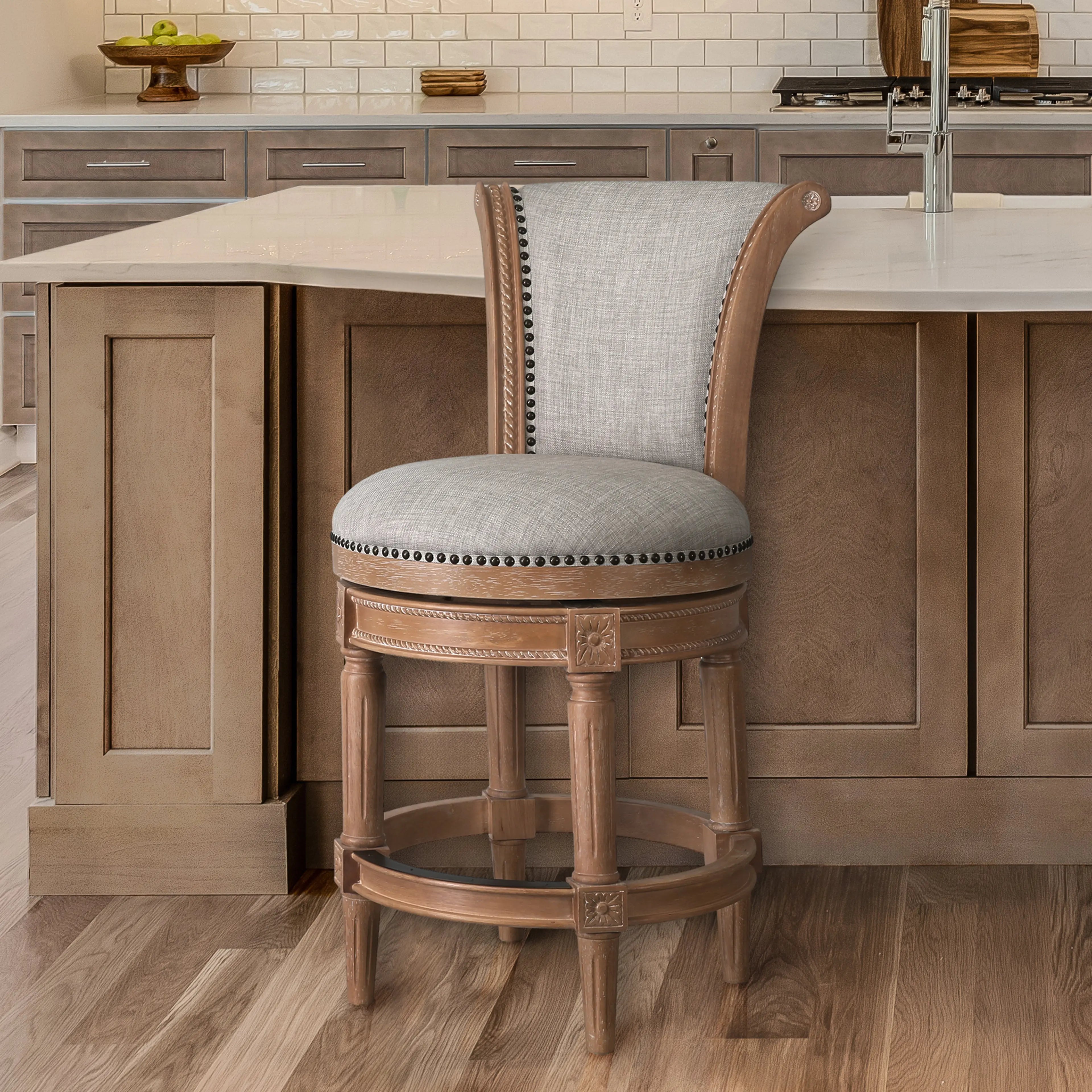 25" Beige and Natural Fabric and Solid Wood Counter Height Swivel Bar Chair Homeroots Living Room