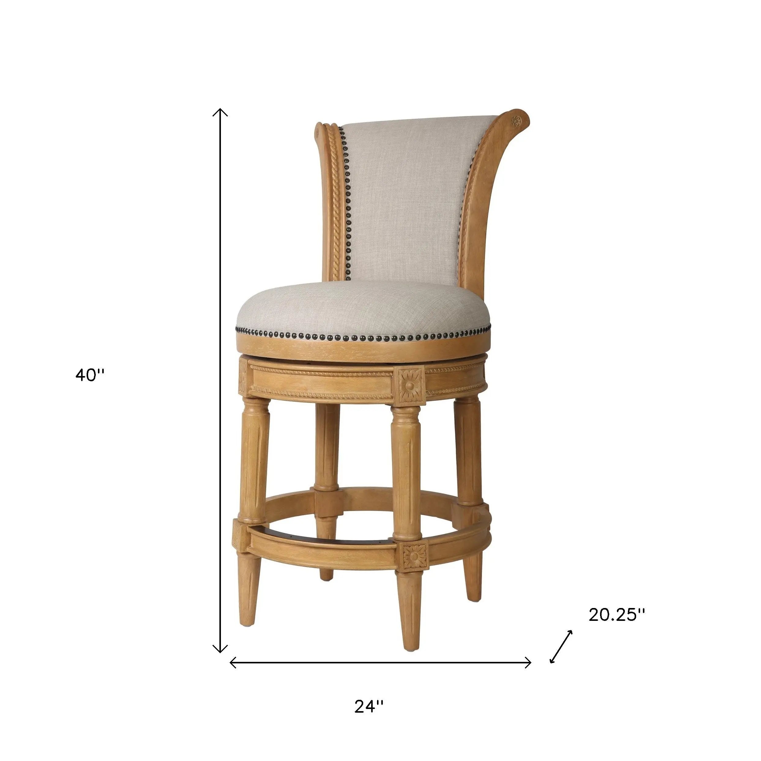 25" Beige and Natural Fabric and Solid Wood Counter Height Swivel Bar Chair Homeroots Living Room