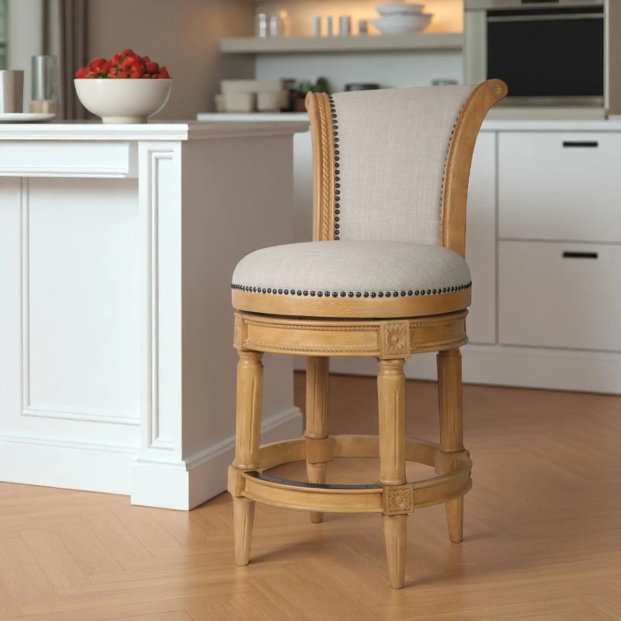 25" Beige and Natural Fabric and Solid Wood Counter Height Swivel Bar Chair Homeroots Living Room
