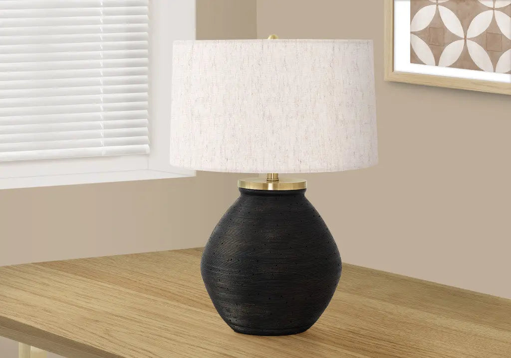 25" Black and Gold Concrete Round Table Lamp With Ivory Drum Shade Homeroots Lighting
