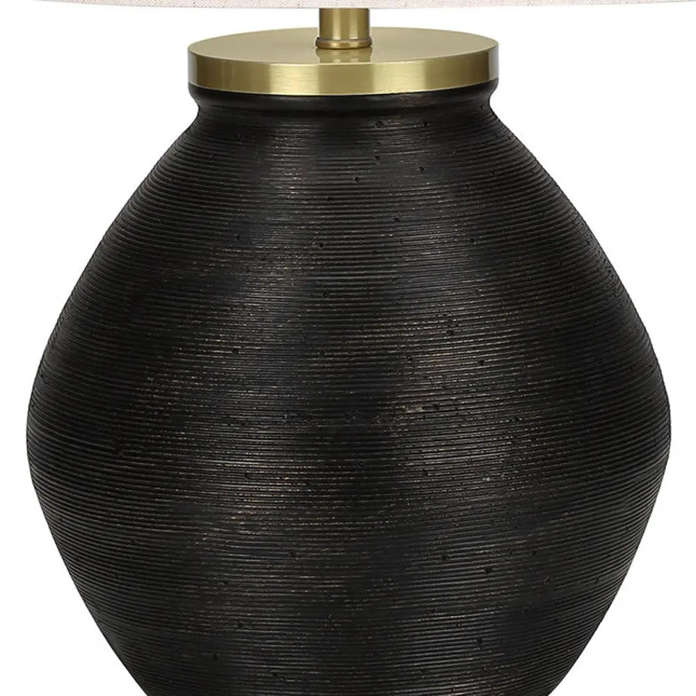 25" Black and Gold Concrete Round Table Lamp With Ivory Drum Shade Homeroots Lighting