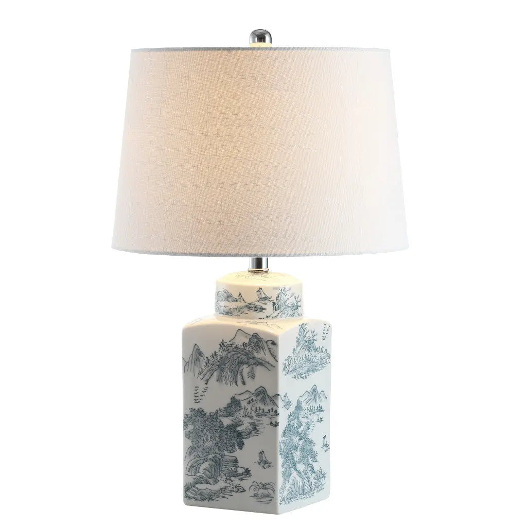 25" Blue And White Table Lamp With Drum Shade Homeroots Lighting
