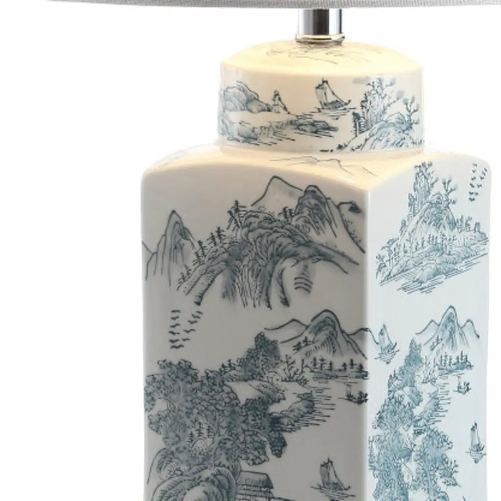 25" Blue And White Table Lamp With Drum Shade Homeroots Lighting
