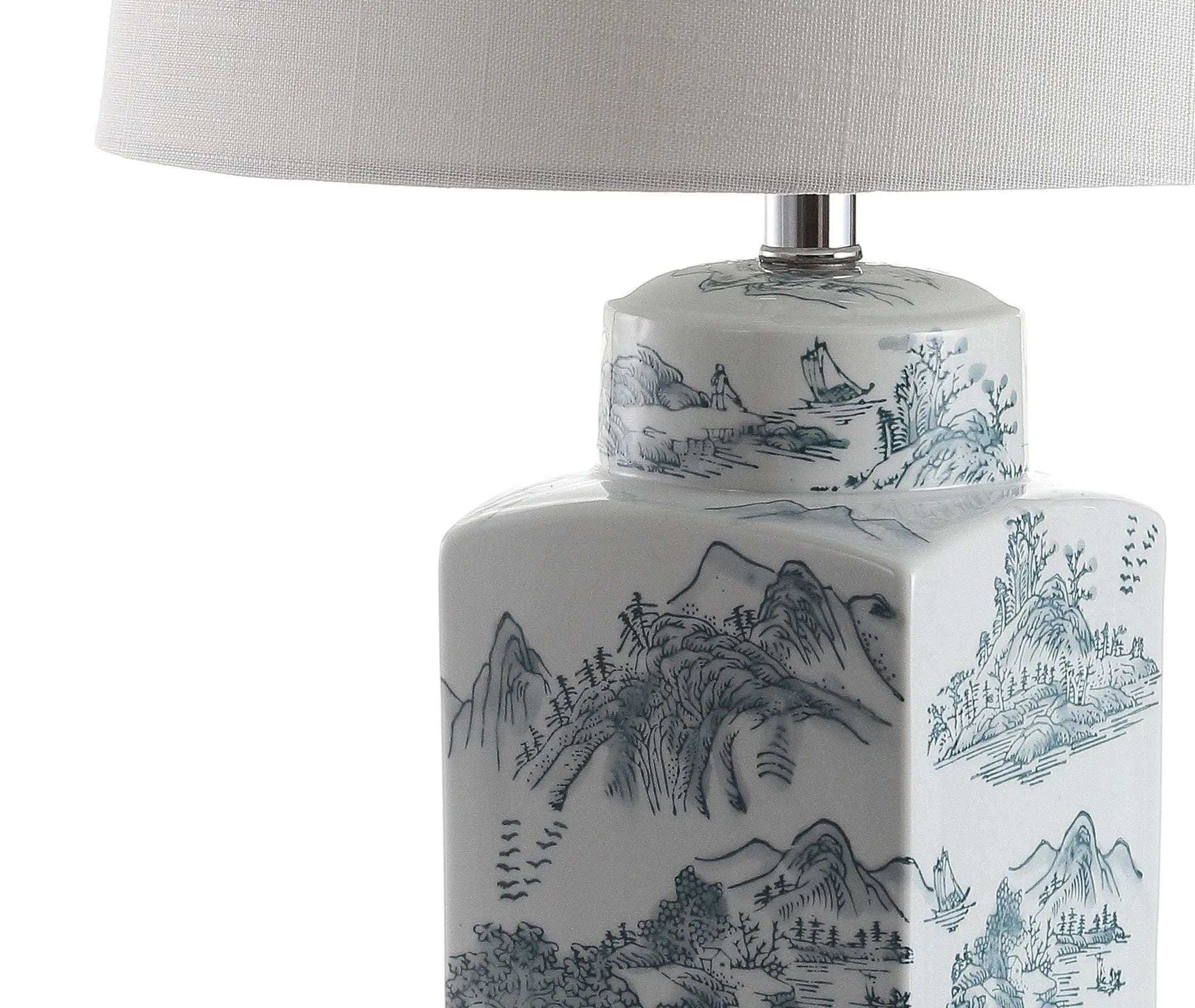 25" Blue And White Table Lamp With Drum Shade Homeroots Lighting