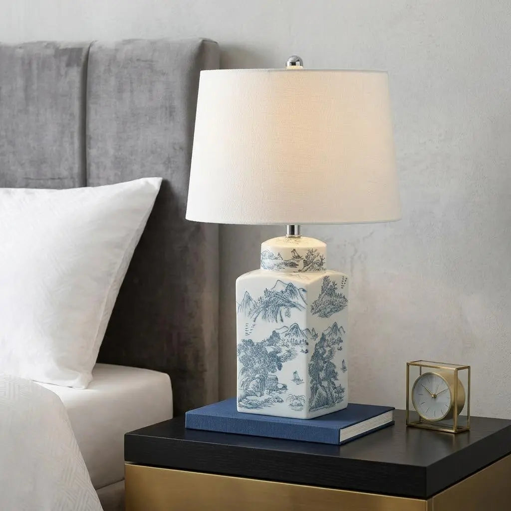 25" Blue And White Table Lamp With Drum Shade Homeroots Lighting