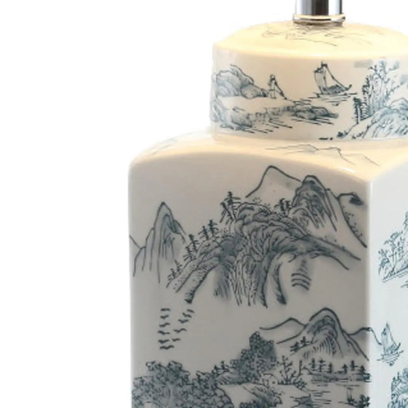 Ceramic blue and white porcelain vase with mountain landscape design, elegant square shape, stylish home decor accent.