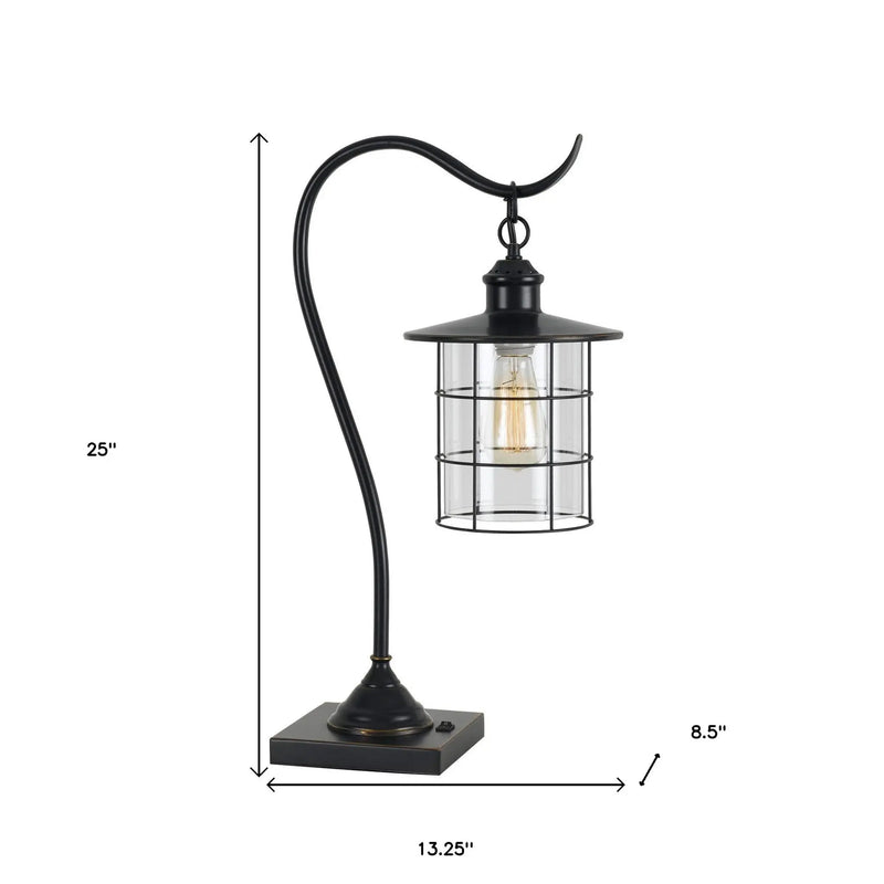 25" Bronze Metal Lantern Style Desk Lamp With Edison Bulb - GreatEagleInc