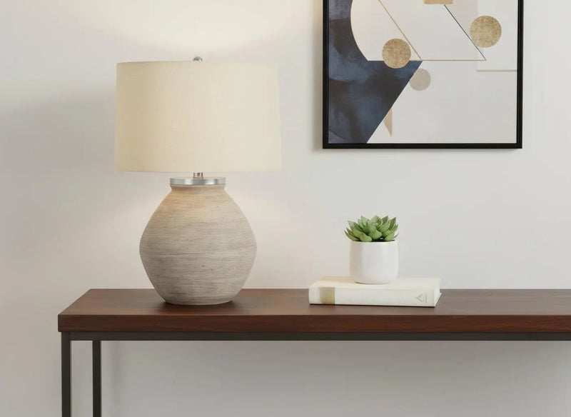 25" Cream Concrete Round Table Lamp With Beige Drum Shade Homeroots Lighting