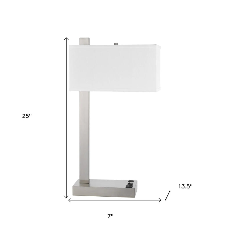 25" Nickel Metal Desk USB Table Lamp With White Shade Homeroots Lighting