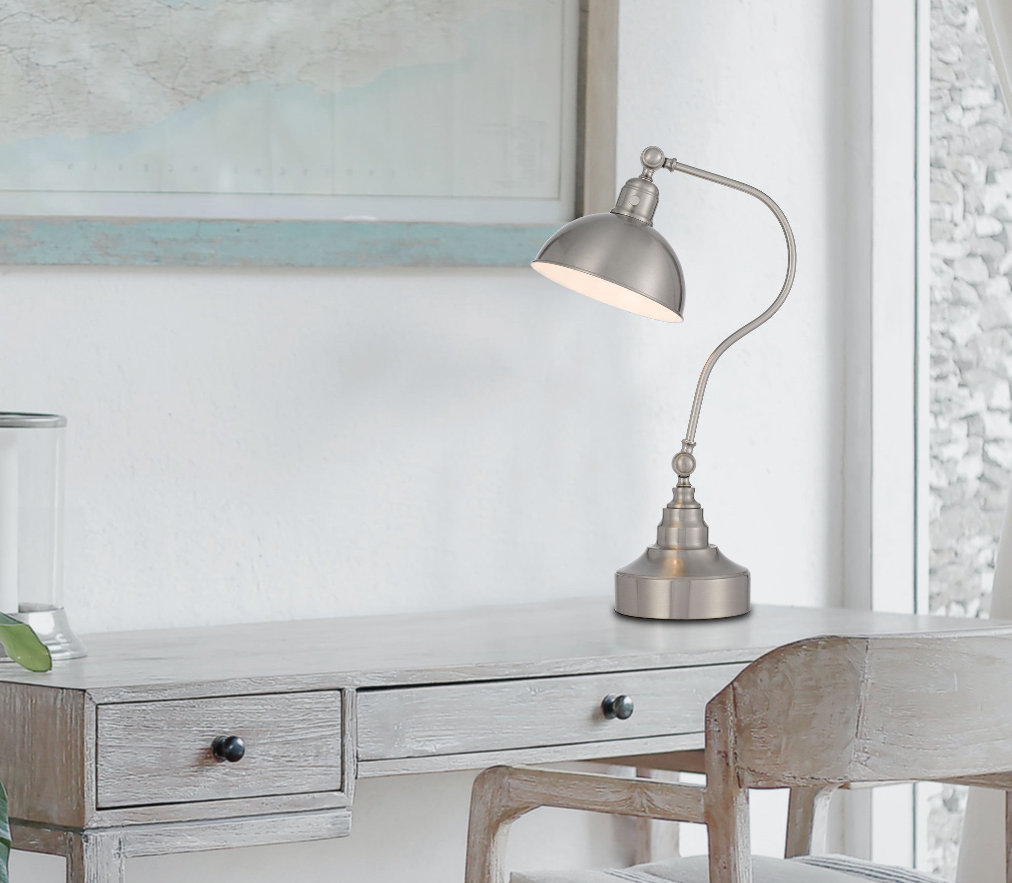 25" Nickel Metal Lantern Desk Table Lamp With Nickel Dome Shade - GreatEagleInc