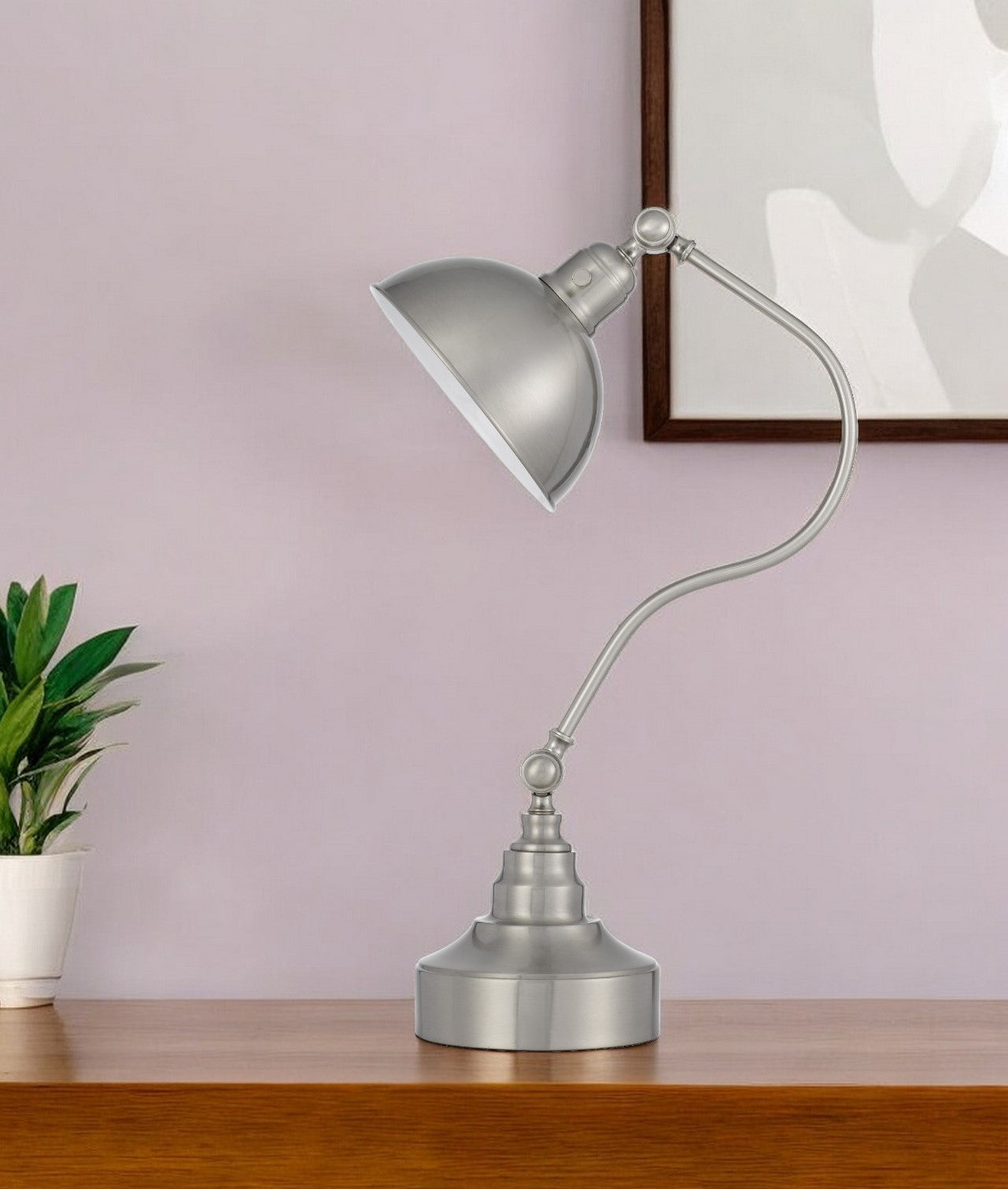 25" Nickel Metal Lantern Desk Table Lamp With Nickel Dome Shade - GreatEagleInc