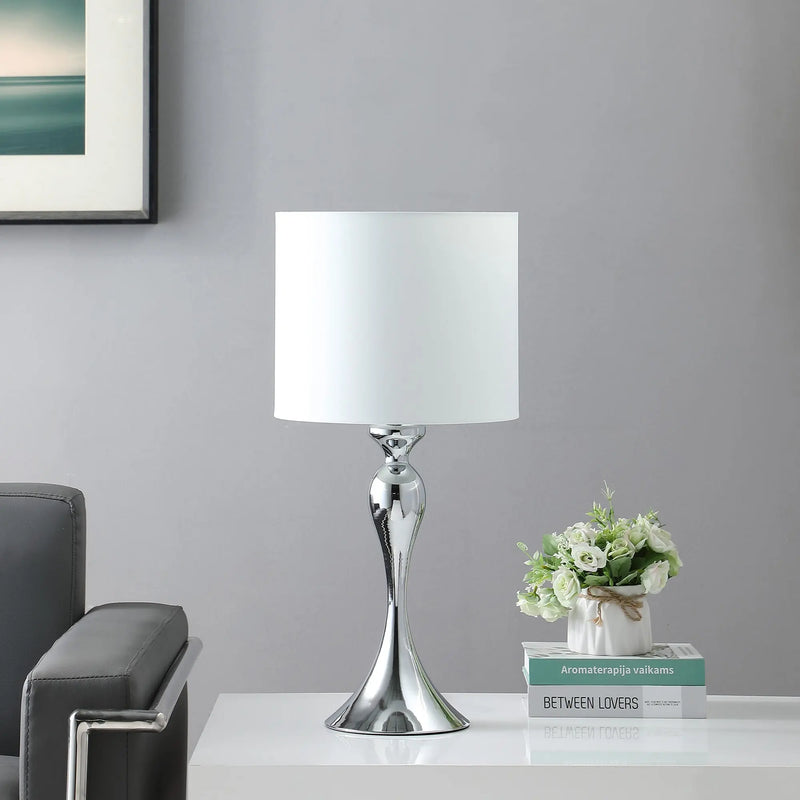 25" Silver Sleek Table Lamp With Off White Drum Shade - GreatEagleInc