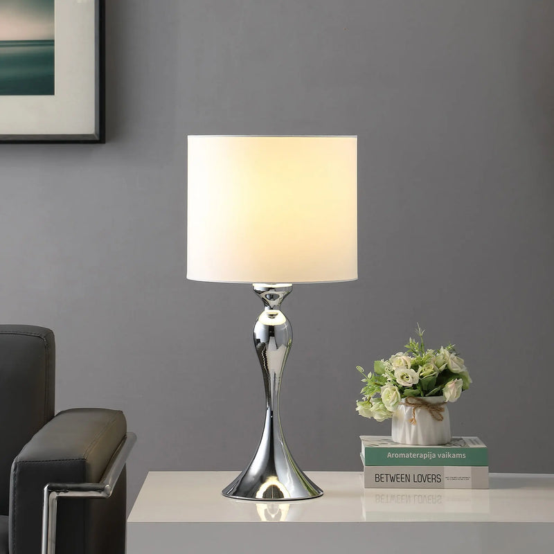 25" Silver Sleek Table Lamp With Off White Drum Shade - GreatEagleInc