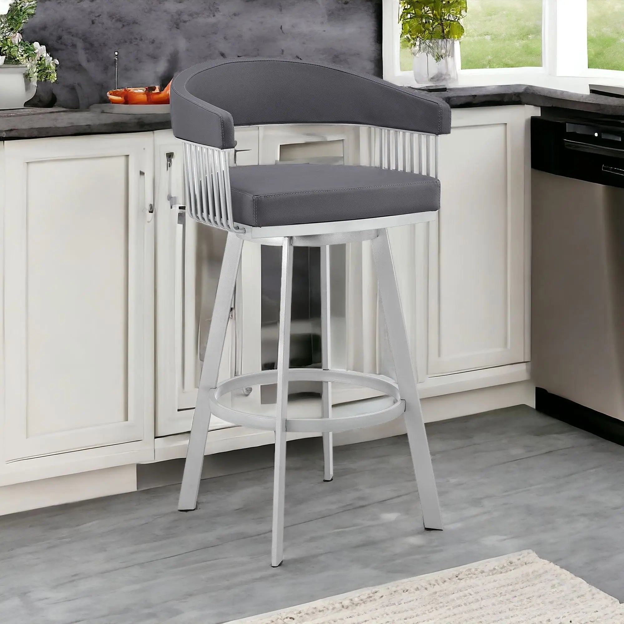 25" Slate Gray And Silver Iron Swivel Low Back Counter Height Bar Chair Homeroots Living Room