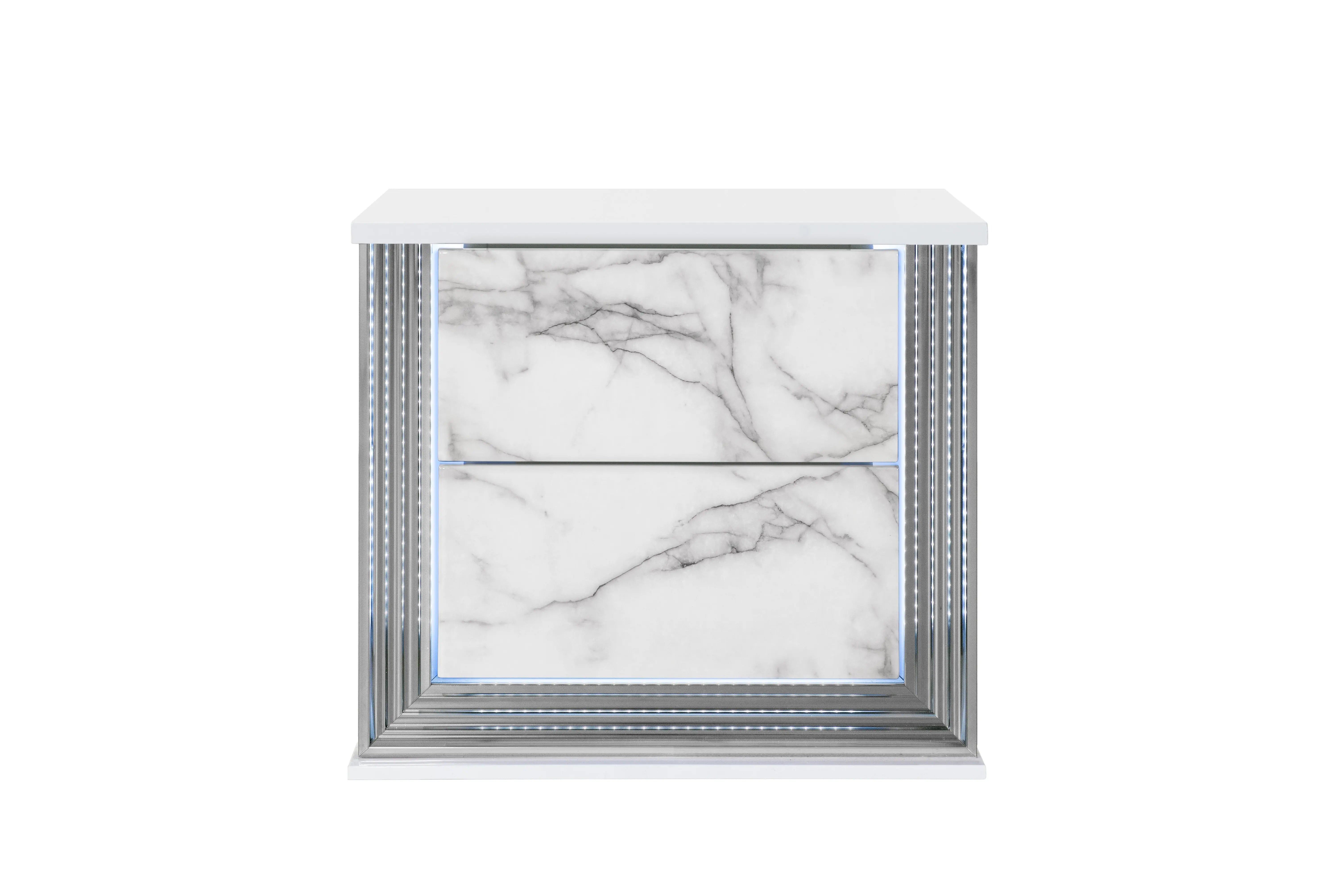 25" White Wood Faux Marble Solid and Manufactured Wood Lighted Two Drawer Nightstand with USB Port Homeroots Bed & Bath