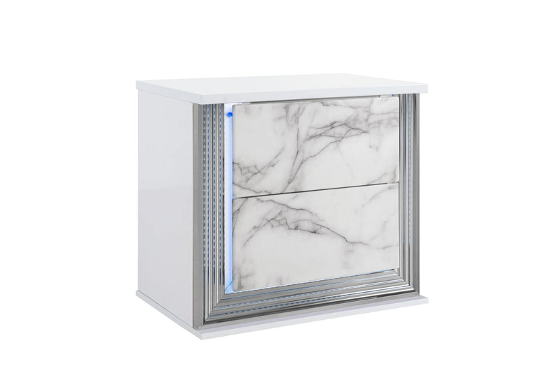 25" White Wood Faux Marble Solid and Manufactured Wood Lighted Two Drawer Nightstand with USB Port Homeroots Bed & Bath