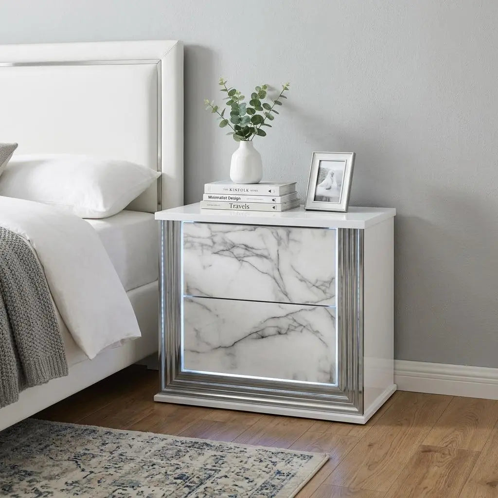 25" White Wood Faux Marble Solid and Manufactured Wood Lighted Two Drawer Nightstand with USB Port Homeroots Bed & Bath
