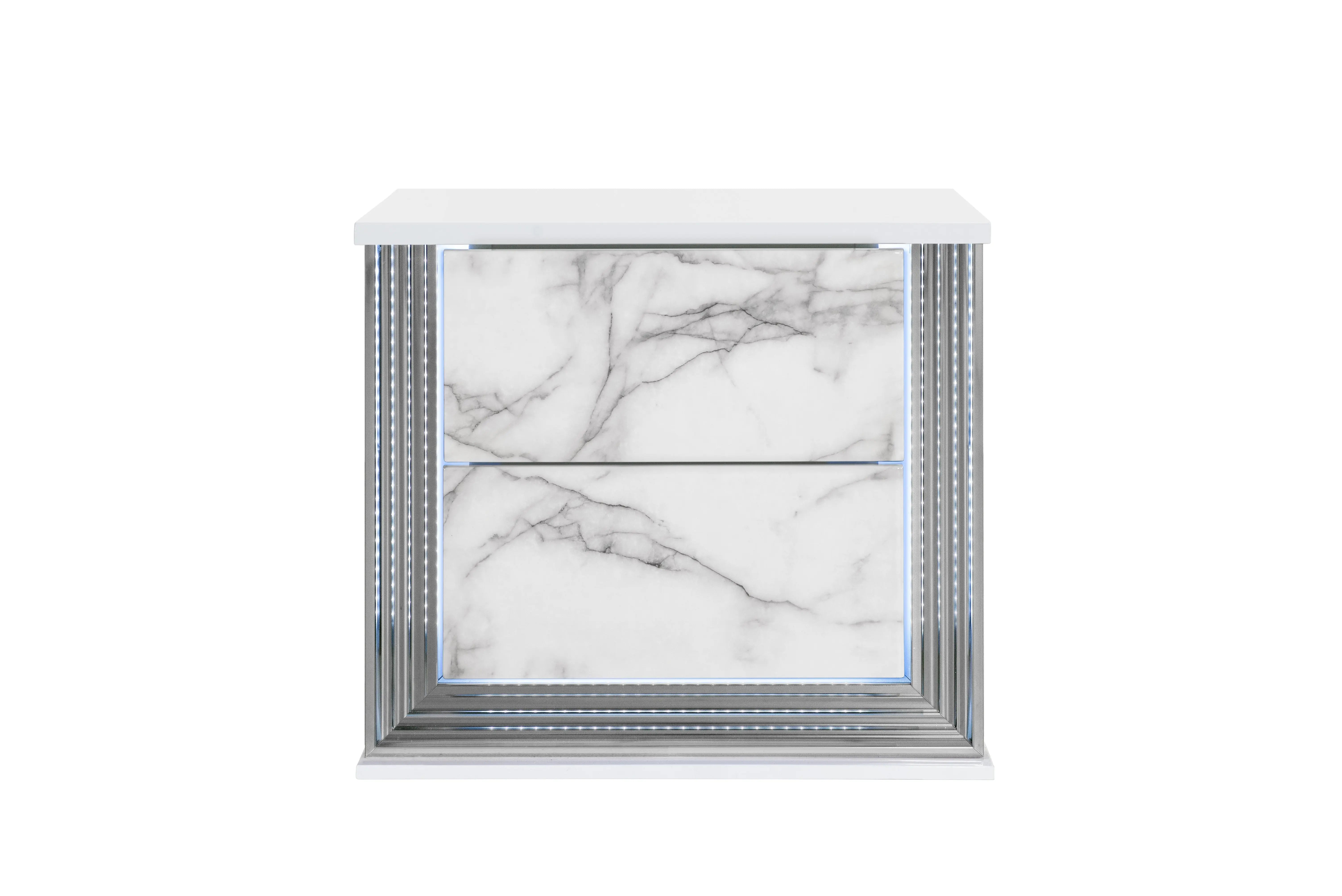 25" White Wood Faux Marble Solid and Manufactured Wood Lighted Two Drawer Nightstand with USB Port Homeroots Bed & Bath