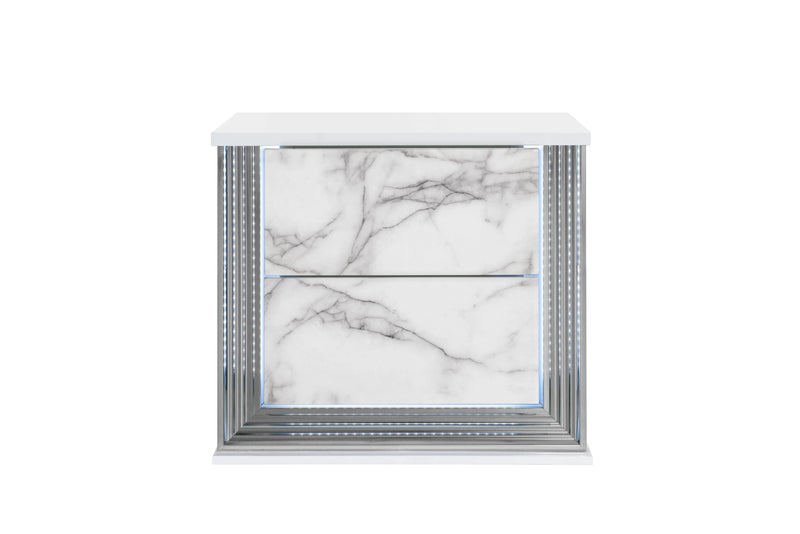 25" White Wood Faux Marble Solid and Manufactured Wood Lighted Two Drawer Nightstand with USB Port Homeroots Bed & Bath