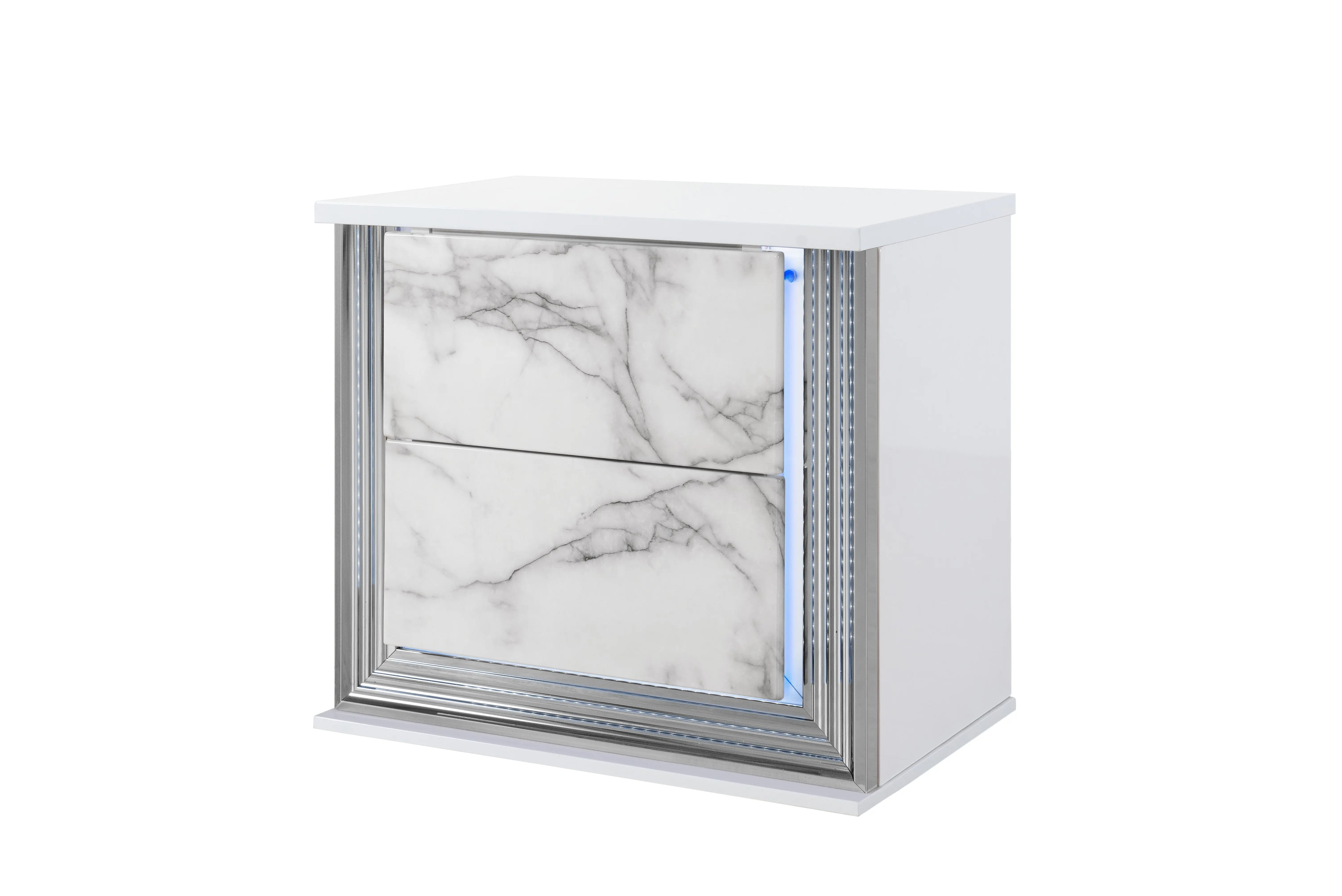 25" White Wood Faux Marble Solid and Manufactured Wood Lighted Two Drawer Nightstand with USB Port Homeroots Bed & Bath