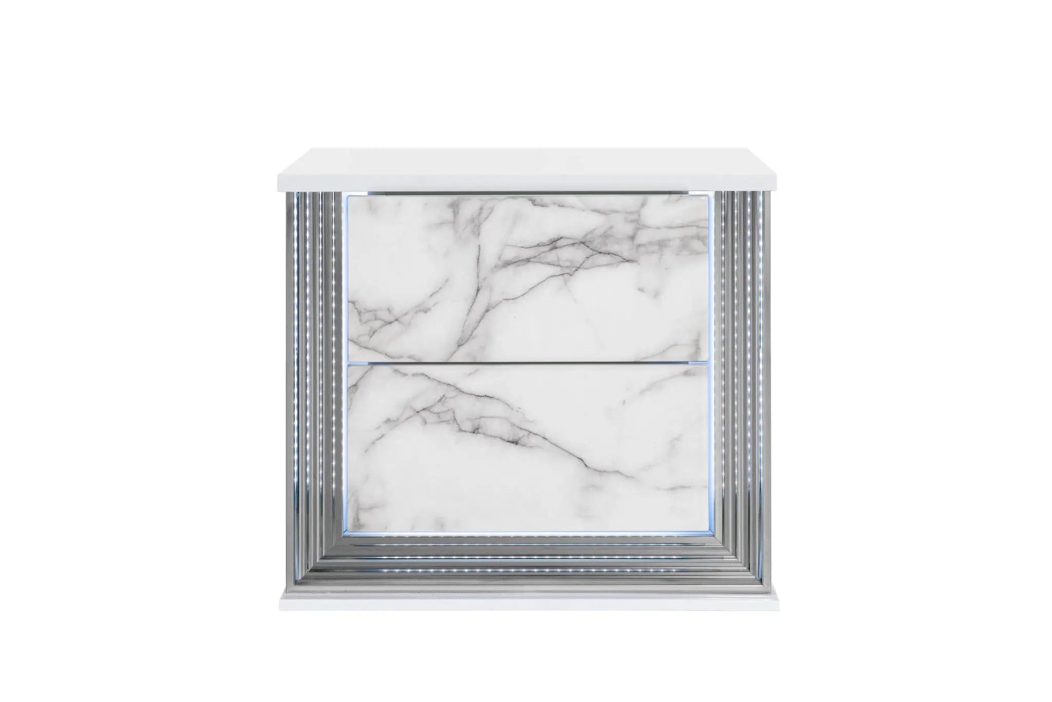 25" White Wood Faux Marble Solid and Manufactured Wood Lighted Two Drawer Nightstand with USB Port Homeroots Bed & Bath