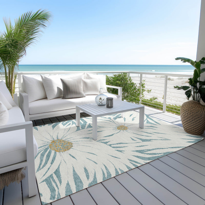 10' X 14' Teal Blue Ivory And Gold Floral Washable Indoor Outdoor Area Rug - GreatEagleInc