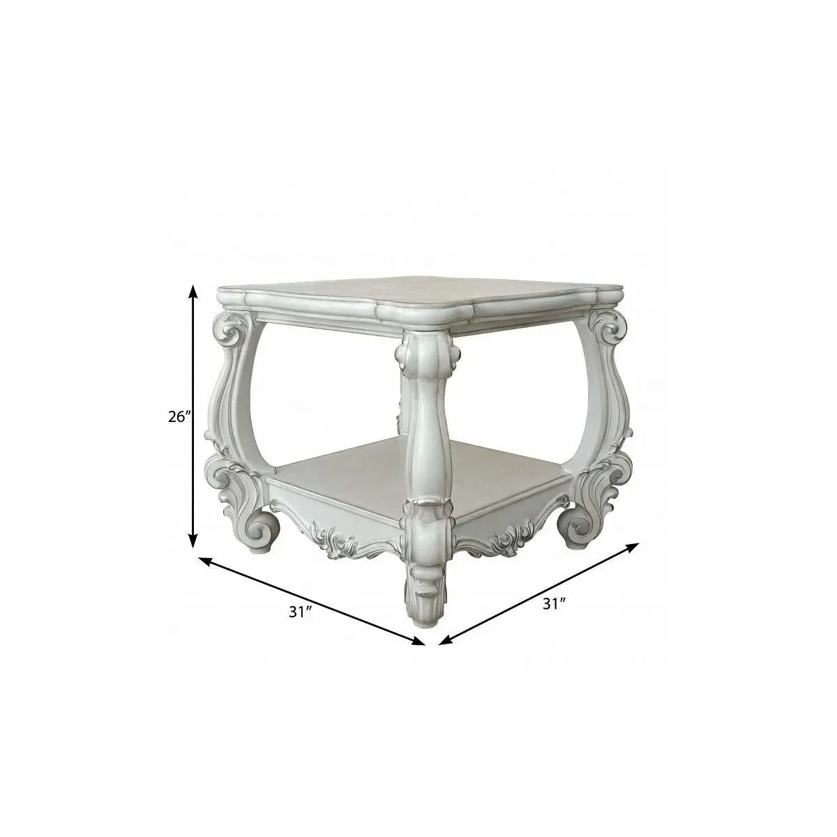 26" Antiqued White Manufactured Wood Square Scroll End Table With Shelf Homeroots Living Room