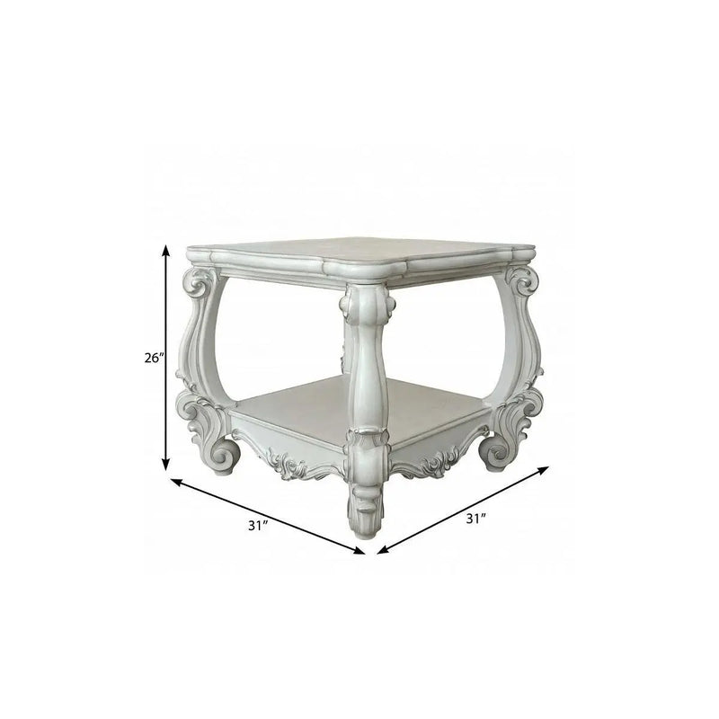 26" Antiqued White Manufactured Wood Square Scroll End Table With Shelf Homeroots Living Room