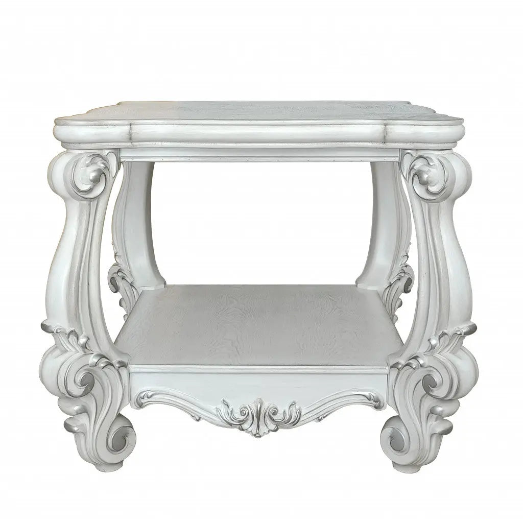 26" Antiqued White Manufactured Wood Square Scroll End Table With Shelf Homeroots Living Room