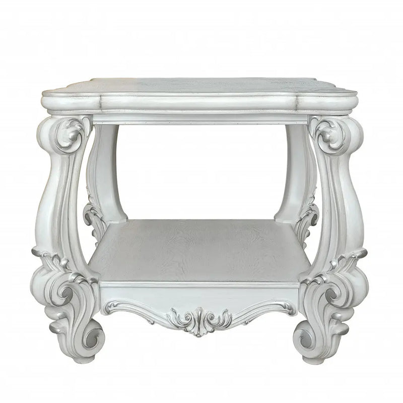 26" Antiqued White Manufactured Wood Square Scroll End Table With Shelf Homeroots Living Room