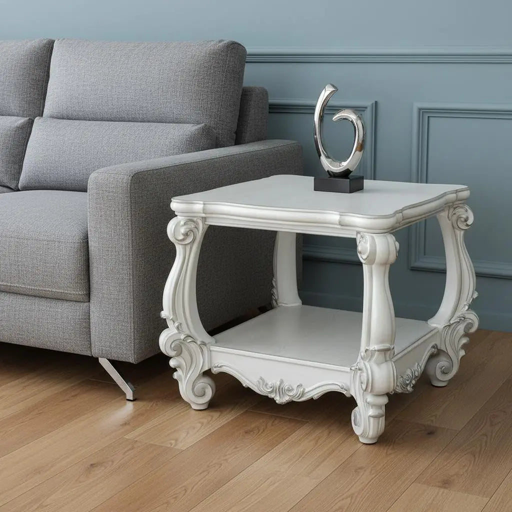 26" Antiqued White Manufactured Wood Square Scroll End Table With Shelf Homeroots Living Room