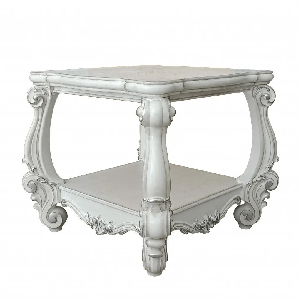 26" Antiqued White Manufactured Wood Square Scroll End Table With Shelf Homeroots Living Room